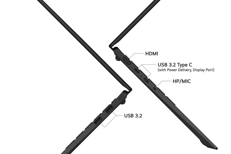 LG Gram 14Z95U-G.AU76U1 laptop connectivity ports diagram showing HDMI, USB 3.2 Type C with Power Delivery, HP/MIC, and USB 3.2 ports