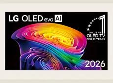 LG OLED evo AI C6, released in 2026, displays a vivid, sculptural swirl of layered rainbow tones across the screen with the World's No.1 OLED TV for 13 Years badge.