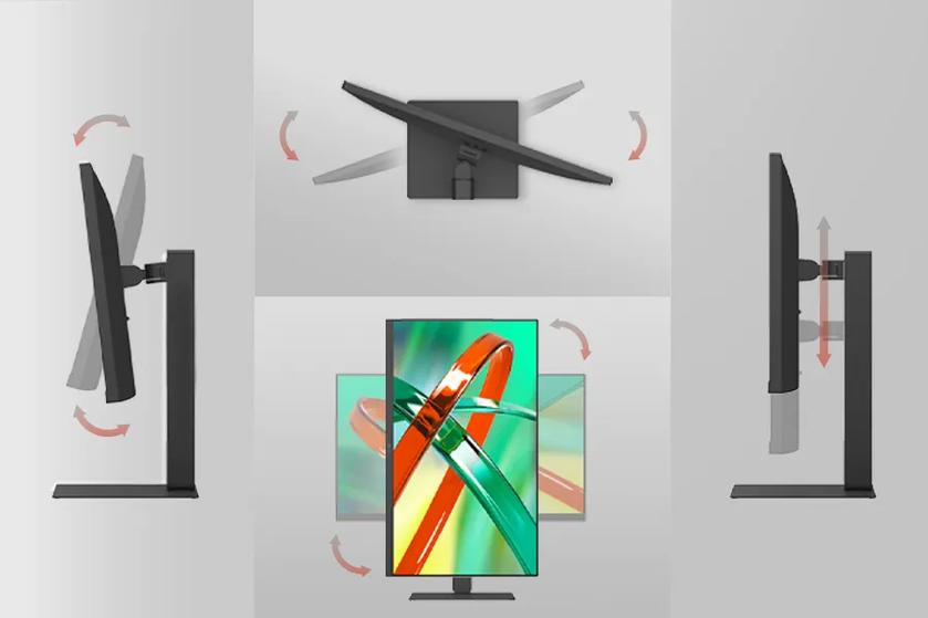 Front, side, and detail views of a black LG monitor with a slender stand and minimal back panel design.