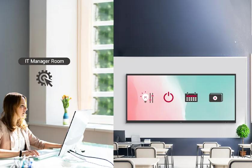 A woman at a computer in an "IT Manager Room" and a CreateBiard displaying icons in an office setting.