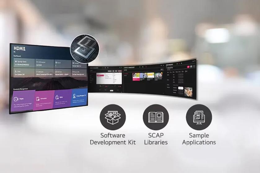 65UL5Q-M UHD Signage displaying content management screen, with icons labeled Software Development Kit - SCAP Libraries - Sample Applications