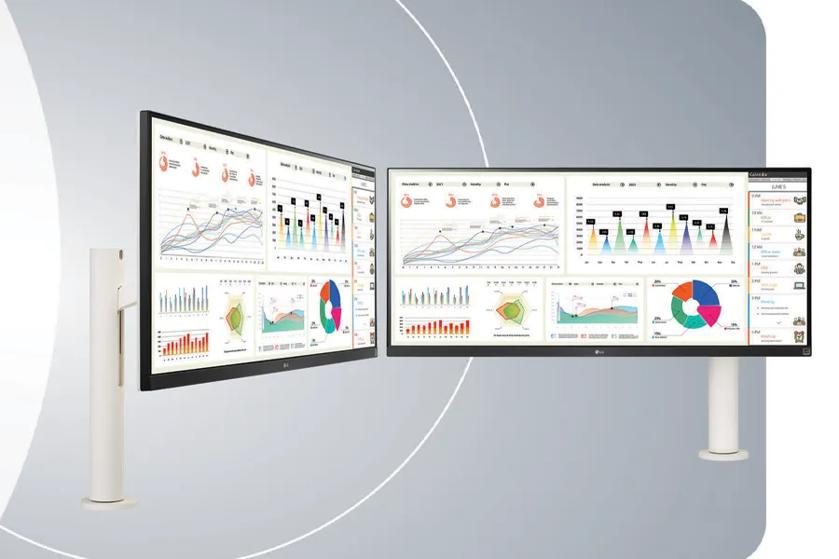 Two large monitors displaying various colorful graphs and charts, mounted on white stands.