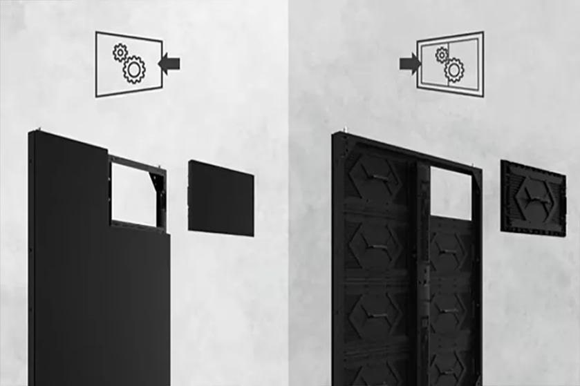 Side-by-side images of panel removal and replacement on a large screen display.