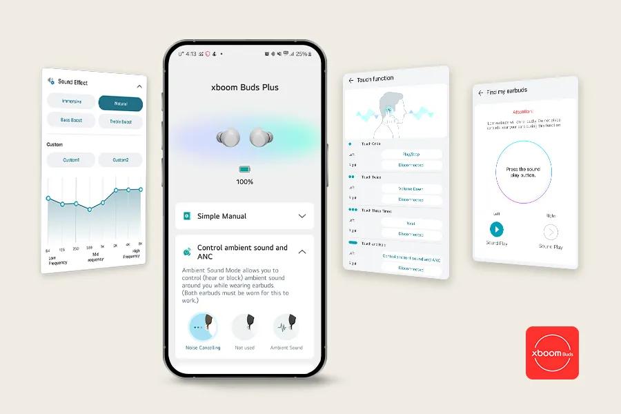 Image of a mobile phone with the LG ThinQ app loaded on and syncing with the Buds