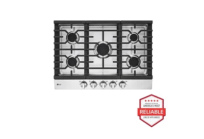 A top-down image of an LG CBGJ3023S gas cooktop next to a red 'Brought to you by American's Most Reliable Line of Appliances' badge and a blue 'ENERGY STAR® certified' badge.